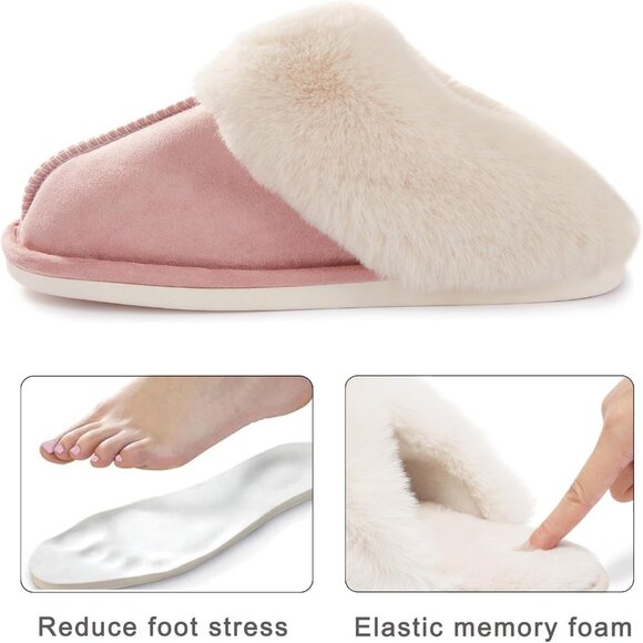Women's Light Pink Winter Warm Fluffy Cozy Memory Foam Slip On Slippers Shoes - Picture 6 of 6